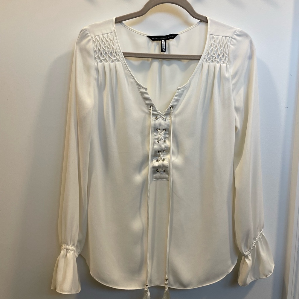 White House Black Market Cream Blouse with Lace-Up Front
